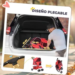 Carrito para Perros con Toldo Ajustable Cesta de Almacenaje y Ruedas con Freno Tela Oxford 77x45x99,5 cm Rojo - Ogal.Es