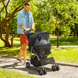 Carrito para Perros con Toldo Ajustable Cesta de Almacenaje y Ruedas con Freno Tela Oxford 77x45x99,5 cm Negro - Ogal.Es