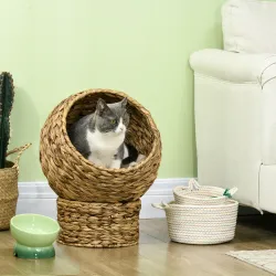 Cama para Gatos de Mimbre Cueva para Gatos Desmontable con Cojín Extraíble 40x37x51 cm Marrón y Beige - Ogal.Es