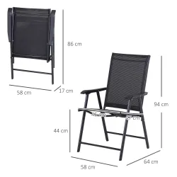 Conjunto de 2 Sillas Plegables para Exterior con Reposabrazos para Jardín Terraza Carga 110 kg 58x64x94 cm Negro - Ogal.Es