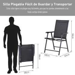 Conjunto de 2 Sillas Plegables para Exterior con Reposabrazos para Jardín Terraza Carga 110 kg 58x64x94 cm Negro - Ogal.Es