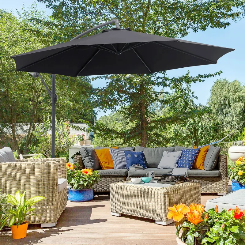 Sombrilla de Jardín Ø295x250 cm Parasol Excéntrico Inclinable con Manivela Base Cruzada y Soporte de Metal 8 Var... - Ogal.Es