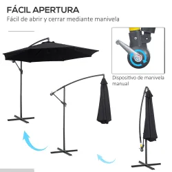 Sombrilla de Jardín Ø295x250 cm Parasol Excéntrico Inclinable con Manivela Base Cruzada y Soporte de Metal 8 Var... - Ogal.Es