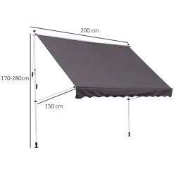 Toldo Manual Retráctil 200x150x170-280 cm para Balcón y Terraza con Altura Ajustable con Manivela Gris - Ogal.Es