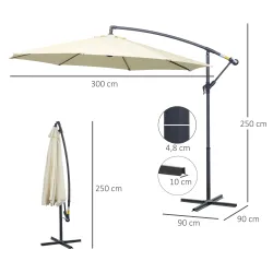 Sombrilla de Jardín Ø300x250 cm Parasol Excéntrico Inclinable con Manivela Base Cruzada y Soporte de Metal 8 Var... - Ogal.Es