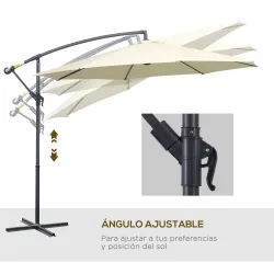 Sombrilla de Jardín Ø300x250 cm Parasol Excéntrico Inclinable con Manivela Base Cruzada y Soporte de Metal 8 Var... - Ogal.Es