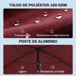 Sombrilla de Terraza de Aluminio 2x1,3x2,5 m Parasol de Jardín Rectangular con Función de Inclinación Rojo Vino - Ogal.Es