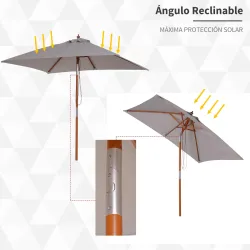 Parasol de Terraza Rectangular Inclinable 200x150x235 cm con Anti-UV Impermeable y Poste de Madera Gris - Ogal.Es