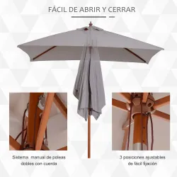 Parasol de Terraza Rectangular Inclinable 200x150x235 cm con Anti-UV Impermeable y Poste de Madera Gris - Ogal.Es