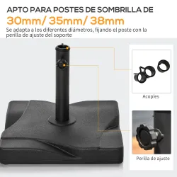 Base para Sombrilla de 20 kg Apta para Postes de Parasol de Ø32mm Ø38mm o Ø48mm 41,5x41,5x33cm Negro - Ogal.Es