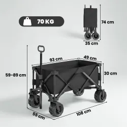 Carro de Playa Plegable con Ruedas Delanteras Giratorias 360° y Asa Telescópica 108x55x55 cm Negro - Ogal.Es