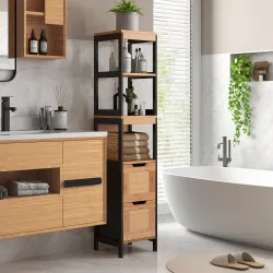 Armario Alto para Baño con 3 Estantes y 2 Cajones Estilo Moderno 30x30x142,5 cm Negro y Natural - Ogal.Es