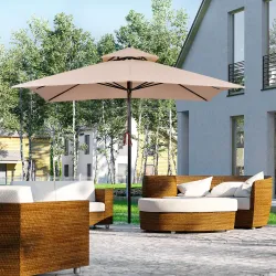 Parasol de Jardín de Metal 3x3x3 m con Doble Techo Impermeable y Manivela para Terraza Balcón Exterior Beige - Ogal.Es