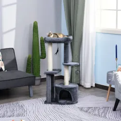 Rascador para Gatos con Postes de Sisal y Felpa Suave con Cama Cueva Plataformas Bola y Pluma 48x35x100 cm Gris ... - Ogal.Es