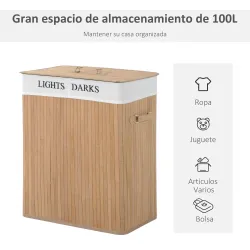 Cesta para Ropa Sucia de Bambú de Capacidad 100L con Tapa y Bolsa de Tela de 2 Compartimentos 52x32 x63 cm Bambú - Ogal.Es
