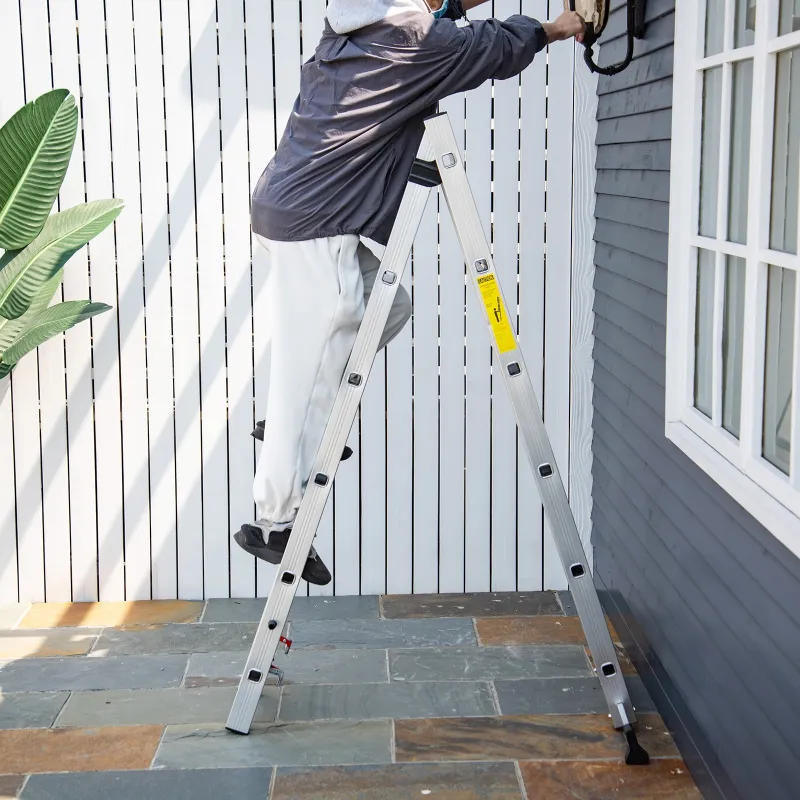 Escalera Aluminio Triangular de Tijera Plegable Portátil 2 Formas de Uso Pie Antideslizante Altura 160-249 cm Plata - Ogal.Es