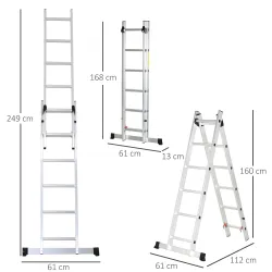 Escalera Aluminio Triangular de Tijera Plegable Portátil 2 Formas de Uso Pie Antideslizante Altura 160-249 cm Plata - Ogal.Es