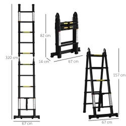 Escalera Telescópica Plagable Multifuncional Estable Marco en A Portátil de 10 Pasos 3 Formas 320x67x7 cm Negro - Ogal.Es