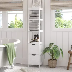 Mueble Columna con 3 Estantes Abiertos y 2 Cajones de Almacenaje Diseño Antivuelco 30x30x144 cm Blanco - Ogal.Es