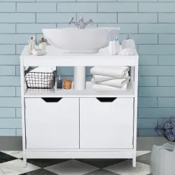 Armario para Debajo de Lavabo Gabinete de Baño con Estante 2 Puerta de Almacenamiento Dispositivo Antivuelco Res... - Ogal.Es