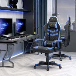 Silla Gaming Altura Regulable Basculante con Reposacabezas Cojín Lumbar 61x70x121-129 cm Azul - Ogal.Es