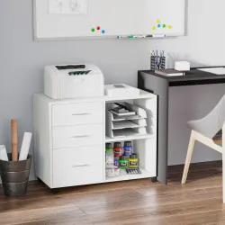 Armario de Oficina para Impresora Mueble Multifuncional con 3 Cajones Estantes y Ruedas 80x40x65 cm Blanco - Ogal.Es