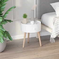 Mesita de Noche con 1 Cajón Mesa Auxiliar Redonda con Borde Elevado y 3 Patas de Madera para Dormitorio Sala de ... - Ogal.Es