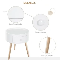 Mesita de Noche con 1 Cajón Mesa Auxiliar Redonda con Borde Elevado y 3 Patas de Madera para Dormitorio Sala de ... - Ogal.Es