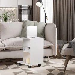 Mesita Auxiliar con Ruedas Mesa para Sofá en Forma de C con Estantes Abiertos para Salón 45x35x58 cm Blanco - Ogal.Es