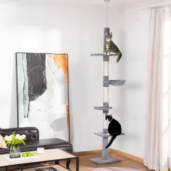 Árbol para Gatos de Suelo al Techo de 230-260 cm con Altura Ajustable Plataformas Hamaca y Postes de Sisal Gris - Ogal.Es