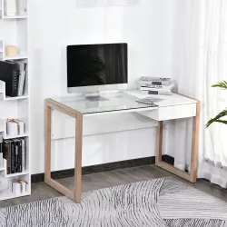 Mesa de Ordenador Mesa de Escritorio Diseño Moderno con Tablero de Vidrio Templado Cajón Combinación de Estilos ... - Ogal.Es