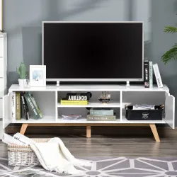 Mesa para Televisores de 65 Pulgadas Módulo TV con 2 Armarios 2 Estantes Abiertos y Patas de Madera 150x39x50 cm... - Ogal.Es