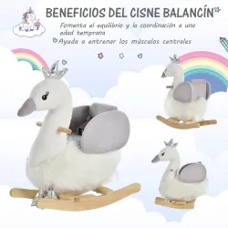 Balancín Infantil en Forma de Cisne de Felpa para Bebés 18-36 Meses con Sonido y Cinturón 60x33x59 cm Gris y Blanco - Ogal.Es