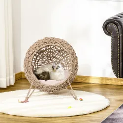 Cama Cueva de Ratán para Gatos o Mascotas Pequeña con Base Trípode Cojín de Felpa y Algodón Suave Diseño Elevado... - Ogal.Es