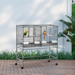 Jaula para Pájaros con Ruedas Pajarera Doble con 2 Bandejas Múltiples Puertas 4 Comederos 4 Perchas 95x45,5x102 ... - Ogal.Es