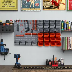 Estantería de Pared para Herramientas de 44 Piezas 95x54 cm con 28 Cajas Apilables y Diferentes Ganchos Gris y Rojo - Ogal.Es