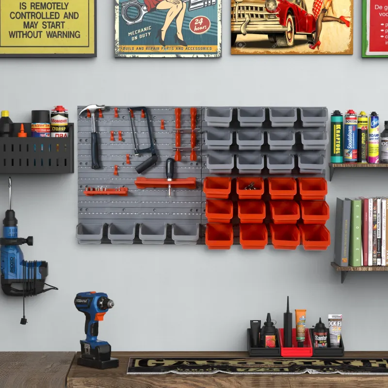 Estantería de Pared para Herramientas de 44 Piezas 95x54 cm con 28 Cajas Apilables y Diferentes Ganchos Gris y Rojo - Ogal.Es