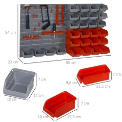 Estantería de Pared para Herramientas de 44 Piezas 95x54 cm con 28 Cajas Apilables y Diferentes Ganchos Gris y Rojo - Ogal.Es