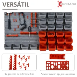 Estantería de Pared para Herramientas de 44 Piezas 95x54 cm con 28 Cajas Apilables y Diferentes Ganchos Gris y Rojo - Ogal.Es