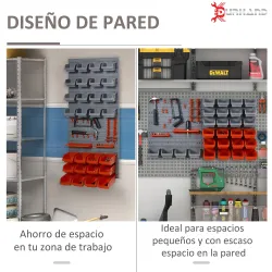 Estantería de Pared para Herramientas de 44 Piezas 95x54 cm con 28 Cajas Apilables y Diferentes Ganchos Gris y Rojo - Ogal.Es