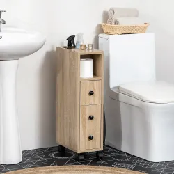Armario de Baño con Ruedas Mueble Auxiliar para Baño con Estante Abierto Puerta y Cajón 18x30x68,5 cm Roble - Ogal.Es