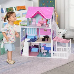 Casa de Muñecas de Madera de 3 Pisos con Patio 86x30x87 cm Muebles Accesorios de 13 Piezas Diseño Lindo Casita M... - Ogal.Es