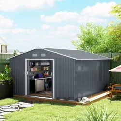 Cobertizo de Jardín 12,4 m² 340x386x200 cm con 2 Puertas Corredizas Base Refuerzo (Suelo NO Incluido) Gris Oscuro - Ogal.Es