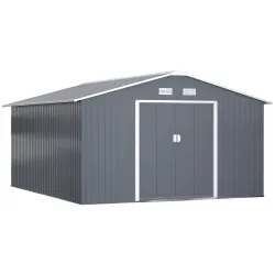 Cobertizo de Jardín 12,4 m² 340x386x200 cm con 2 Puertas Corredizas Base Refuerzo (Suelo NO Incluido) Gris Oscuro - Ogal.Es