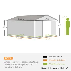 Cobertizo de Jardín 12,4 m² 340x386x200 cm con 2 Puertas Corredizas Base Refuerzo (Suelo NO Incluido) Gris Oscuro - Ogal.Es