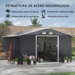 Cobertizo de Jardín 12,4 m² 340x386x200 cm con 2 Puertas Corredizas Base Refuerzo (Suelo NO Incluido) Gris Oscuro - Ogal.Es