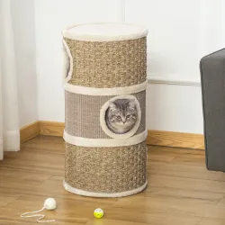 Tonel Rascador para Gatos con 3 Niveles Barril de Rascado con Plataforma Cama Cómoda Ø37,5x70 cm Caqui y Café - Ogal.Es