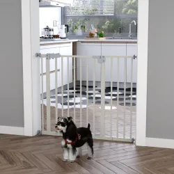 Puerta para Perros con Longitud Ajustable Cierre Automático para Escaleras Pasillos 74-80/91,5-97,5x76,2 cm Blanco - Ogal.Es