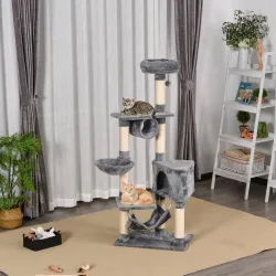 Torre para Gatos 154 cm con Plataformas Túnel Hamaca y Postes de Rascado de Sisal 60x40x154 cm Gris - Ogal.Es
