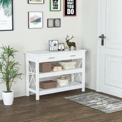 Mesa Consola Mesa de Recibidor Entrada con 2 Cajones y Estantes Inferiores Marco Metálico 105x40x76 cm Blanco - Ogal.Es